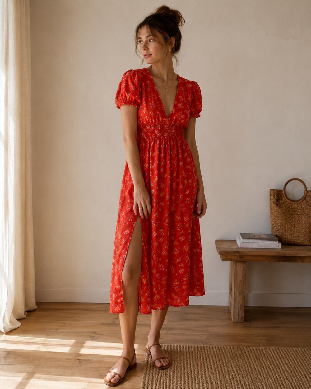 Urban Outfitters UO Liliana Side Slit Midi Dress Open Back Smocked Floral Large